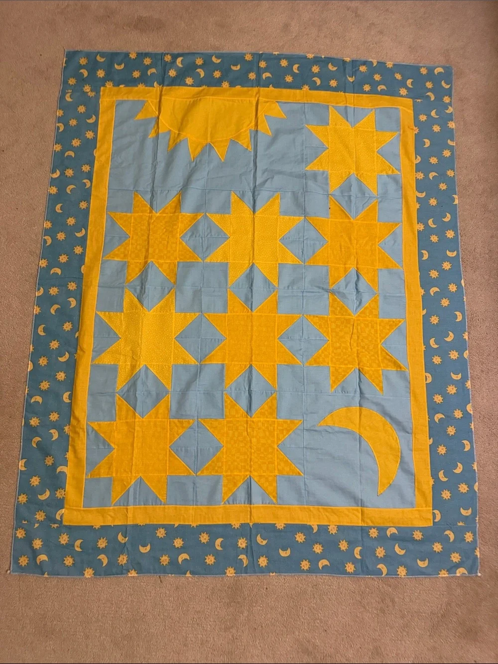 Handmade Yellow Star & Moon Quilt TOP. Blue Background